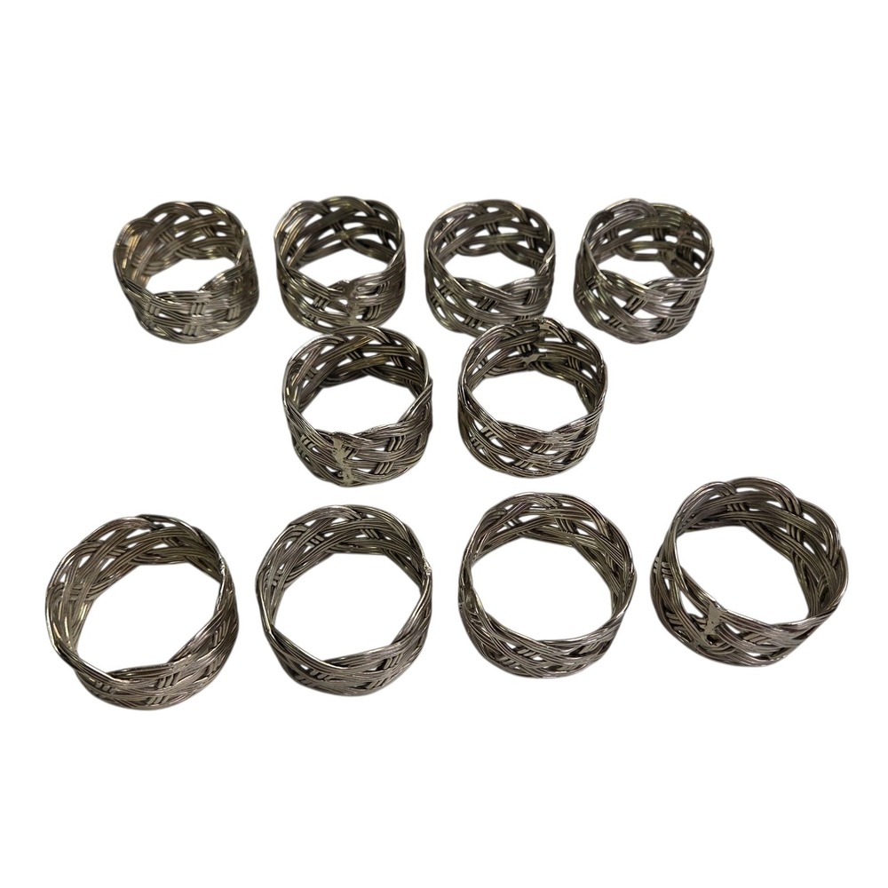 Napkin‎ Rings Set of 10 Metal Woven Braided Holders Silver Tone Dinner Luncheon